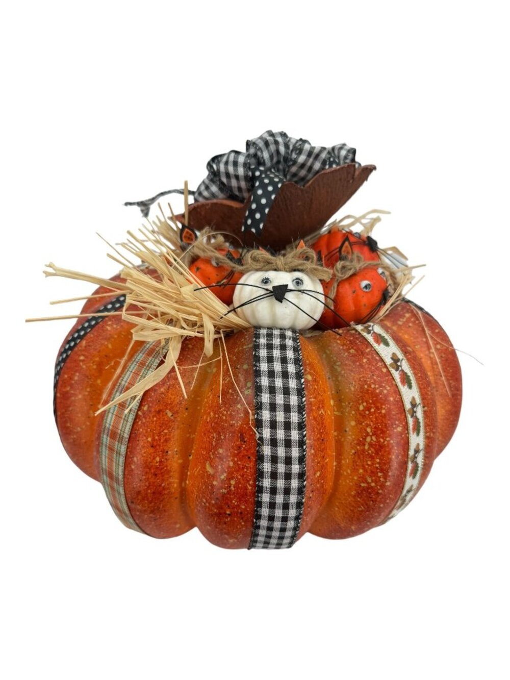 Handcrafted Pumpkin Harvest Decor Kitty Cat Pumpkins 10" Blk Wht Ribbons Straw